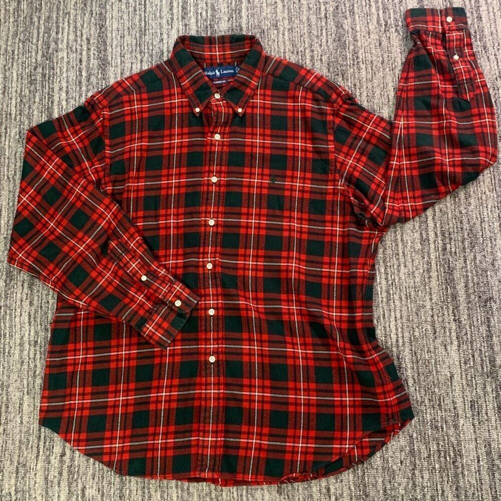 Ralph Lauren Mens Size XL Button Front Shirt Red Green Plaid Long Sleeve Cotton